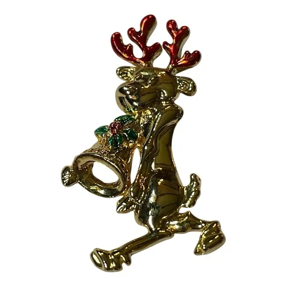 Festive Gold Reindeer Brooch with Red and Green Accents - Picture 5 of 7